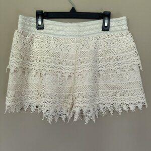 Cottagecore Layered Crochet Lace Shorts Women L Beige Off White Stretch Boho